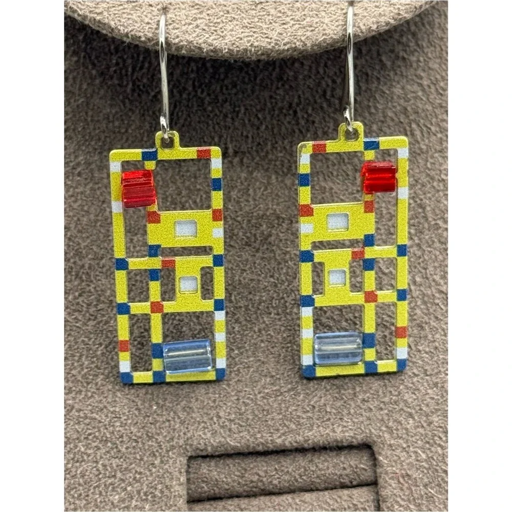 Vintage pop art Geometric Yellow Rectangle Drop Earrings with Red & Blue Accents